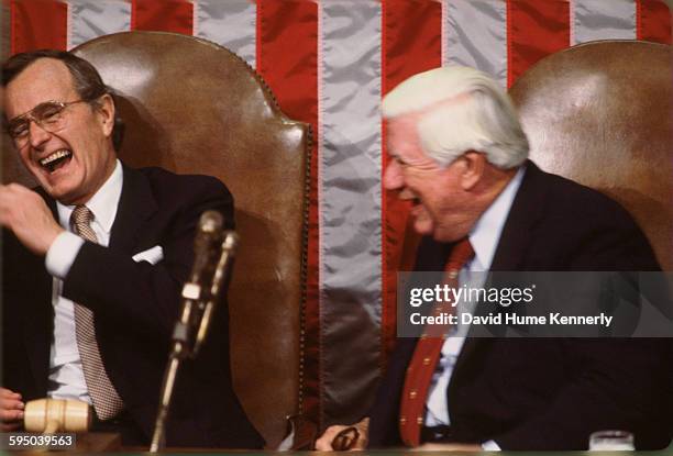 Vice President George Bush and Speaker of the House Tip O'Neill engage in a lively conversation prior to President Ronald Reagan's State of the Union...