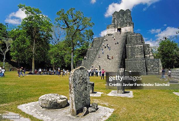 stelae, altars and temple ii or temple of the masks located in the great square of the maya city of tikal, surrounded by numerous national and international tourists, who enjoy the greatness of this important enclave of mayan culture. - mérida mexiko bildbanksfoton och bilder
