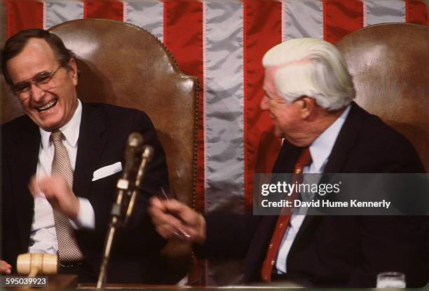 Vice President George Bush and Speaker of the House Tip O'Neill engage in a lively conversation prior to President Ronald Reagan's State of the Union...