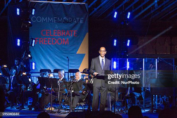 Commemorate and Celebrate Freedom was displayed on banners on the grounds of the Smithsonian National Museum of African American History and Culture...