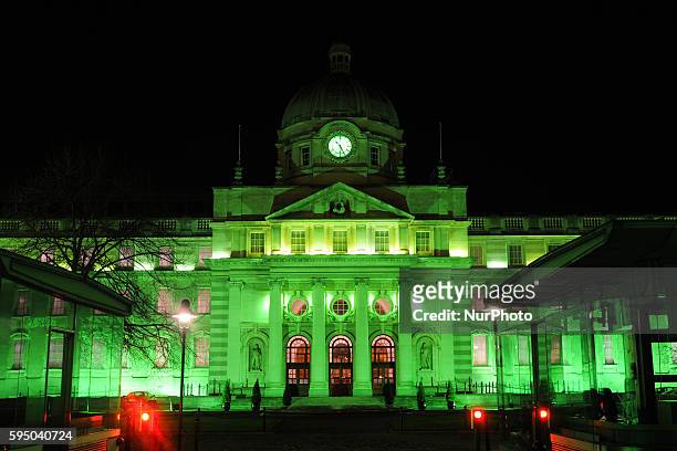 The Government Building goes green for St Patrick's Day. Dublin, Ireland, on Wednesday, 16 March 2016.