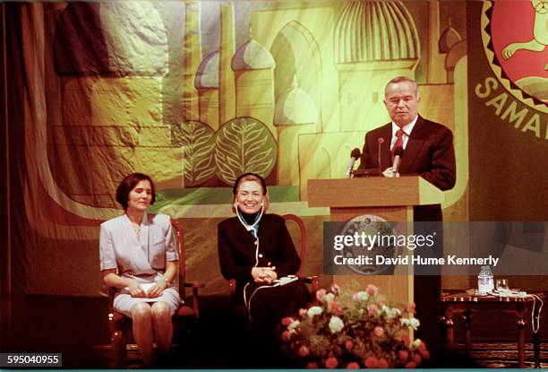 First Lady Hillary Clinton listens to an address by Uzbek President Islam Karimov in Samarkand, Uzbekistan, November 14, 1997. Mrs. Clinton is on a...