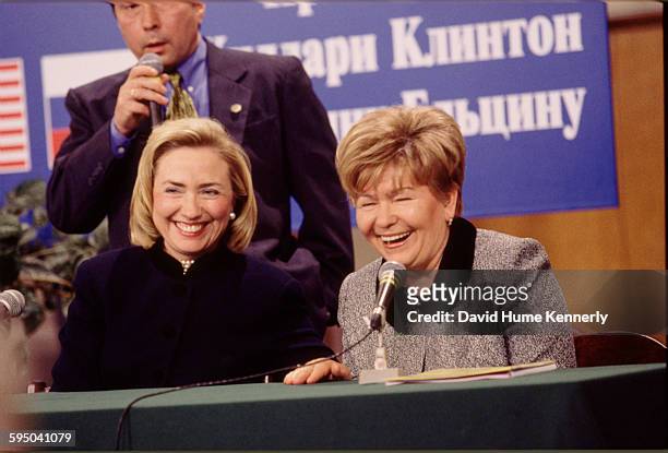First Lady Hillary Clinton and Mrs. Naina Yeltsin, wife of the Russian President Boris Yeltsin , at a town hall meeting sponsored by the Urals...