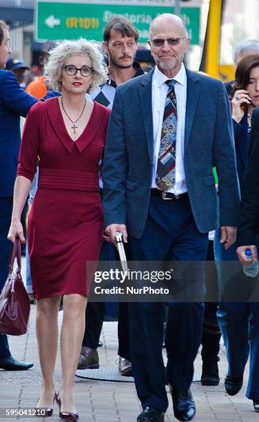 Oscar Pistorius' aunt, Lois and uncle, Arnold Pistorius arrive at the North Gauteng High Court for day 18 of the athlete's trial.