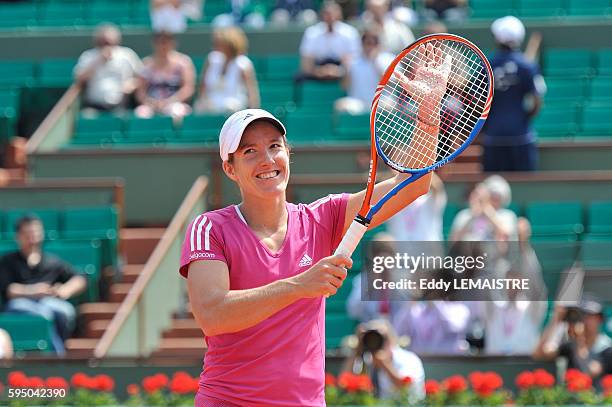 Justine Henin of Belgium during the women's singles first round match between Justine Henin of Belgium and Tsvetana Pironkova of Bulgaria on day...