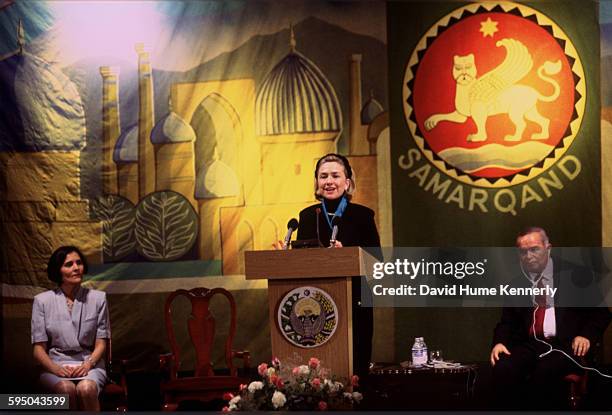 First Lady Hillary Clinton delivers an address to an audience in Samarkand, Uzbekistan, November 14 also attended by Uzbek President Islam Karimov ....