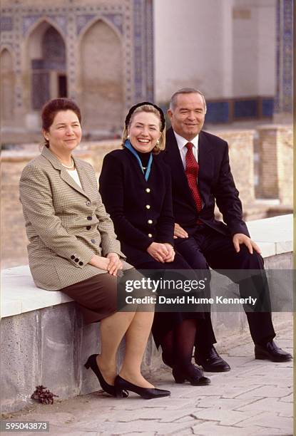 First Lady Hillary Clinton with Uzbek President Islam Karimov and his wife, Tatiana Karimova , Samarkand, Uzbekistan, November 14, 1997. Mrs. Clinton...