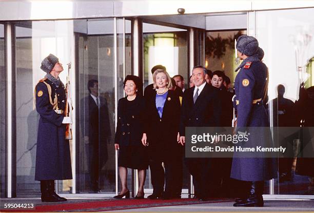 First Lady Hillary Clinton accompanied by Kazakh President Nursultan Nazarbayev and his wife, First Lady Sara Nazarbayeva , Almaty, Kazakhstan,...