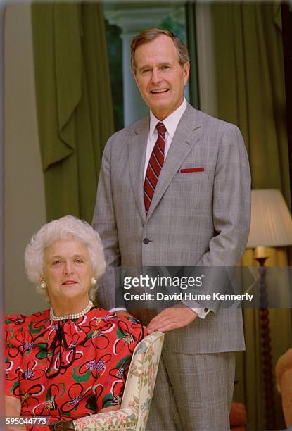 Vice President George H.W. Bush and Mrs. Barbara Bush at the Vice President's residence circa 1983 in in Washington, DC.