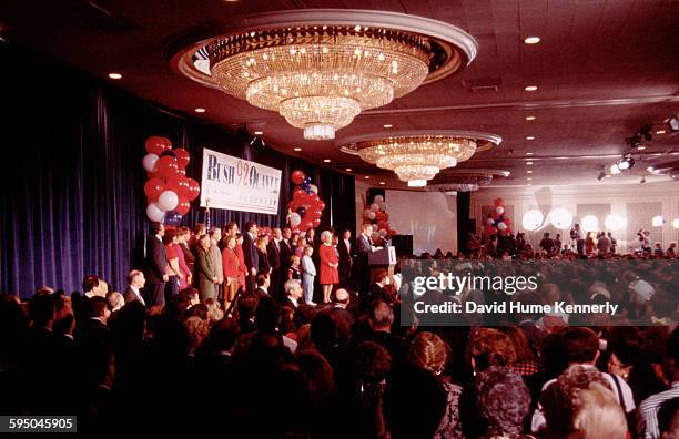 President George H.W. Bush delivers his concession speech on election night November 3, 1992 in Houston, Texas. The President addressed his...