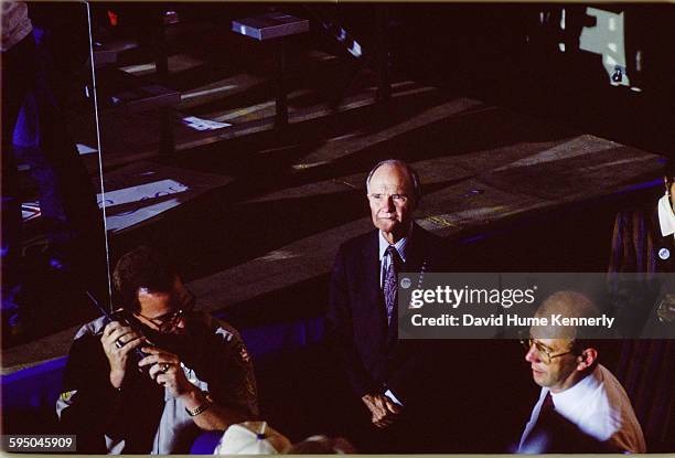 National Security Advisor Brent Scowcroft looks on at a Bush/Quayle campaign rally on November 2, 1992 in Louisville, Kentucky. President George H.W....