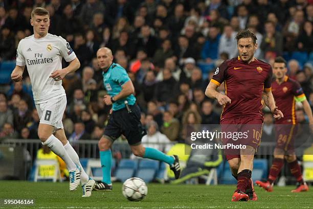 Real Madrids Aleman Kross and Romas Italian Totti in action during the Champions league football match Real Madrid CF vs Roma at the Santiago...