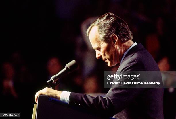President George H.W. Bush delivers his concession speech on election night November 3, 1992 in Houston, Texas. The President addressed his...