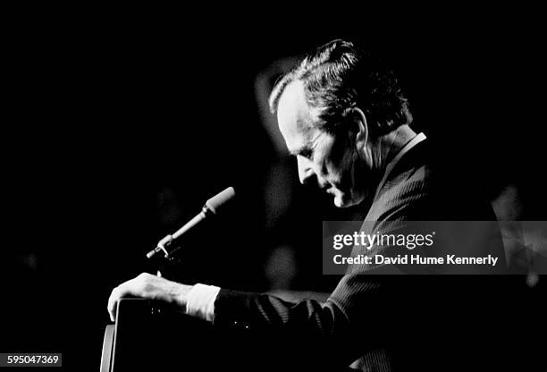President George H.W. Bush delivers his concession speech on election night November 3, 1992 in Houston, Texas. The President addressed his...
