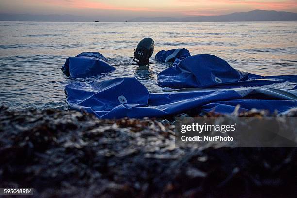 Syrian refugees arrive on the beach, crossing the sea from Turkey to Lesbos, some 5 kilometres south of the capital of the Island, Mytelene on March...