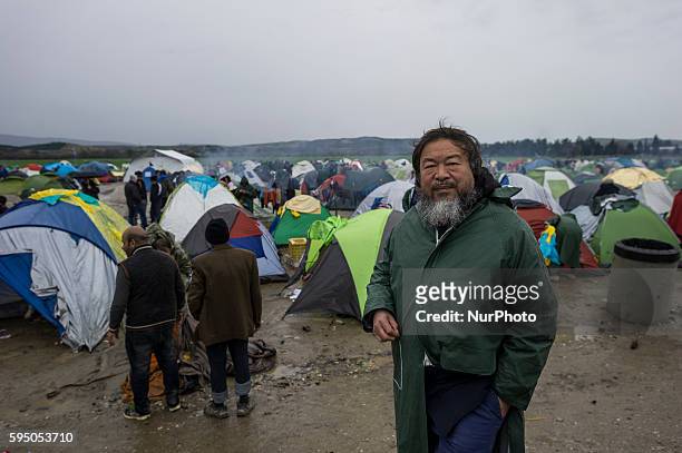 The renowned chinese artist Ai Weiwei at the refugee camp in Idonemi, at the border between Greece and Macedonia, on March 10, 2016.