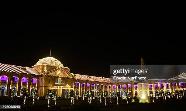 An evening view of Allahabad High Court building, decorated with fancy lights, on March 10, 2016. India's President Mr. Pranab Mukharjee will attend...