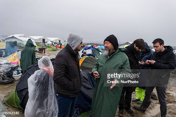 The renowned chinese artist Ai Weiwei at the refugee camp in Idonemi, at the border between Greece and Macedonia, on March 10, 2016.