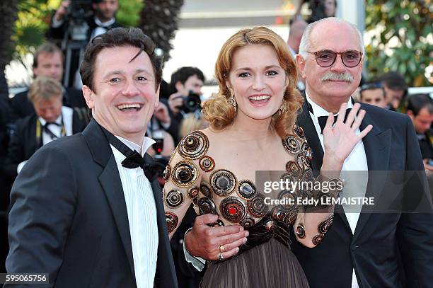 Actor Oleg Menshikov, actress Nadezhda Mihalkova and director Nikita Mikhalkov at the premiere of ?The Exodus - Burnt By The Sun 2? during the 63rd...