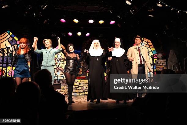 Amy Rutberg, Jennifer Van Dyck, Alison Fraser, Charles Busch & Julie Halston & Jonathan Walker with the cast of 'The Divine Sister' during a Curtain...