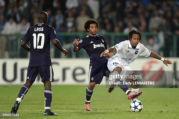 Auxerre's Roy Contout and Madrid's Marcelo during the UEFA Champions League group G match between AJ Auxerre and Real Madrid CF at Abbe-Deschamps...