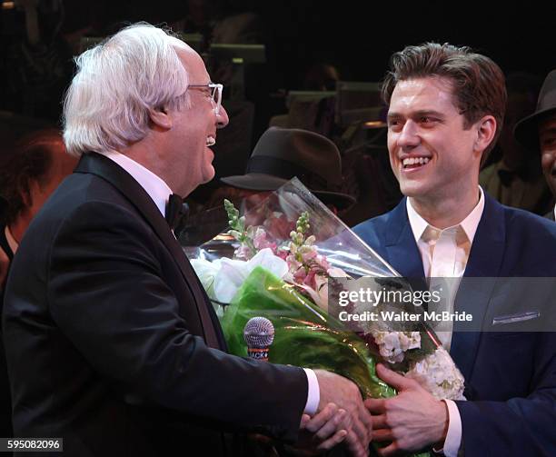 Frank Abagnale Jr. & Aaron Tveit during the Broadway Opening Night Curtain Call for 'Catch Me If You Can' in New York City.