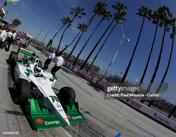 Simona De Silvestro in the Nuclear Clean Energy / HVM Racing car pulls out of the pits during practice for the Indycar Series race at the 37th Toyota...