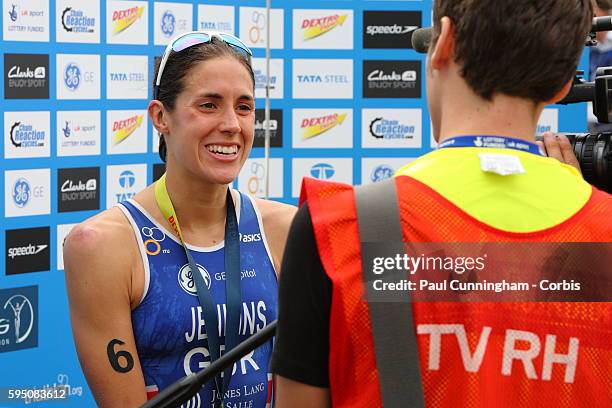 Triathlon - Finish Line - Helen Jenkins of Great Britain gives a post match television interview, Elite Women ITU World Championship Dextro Energy...