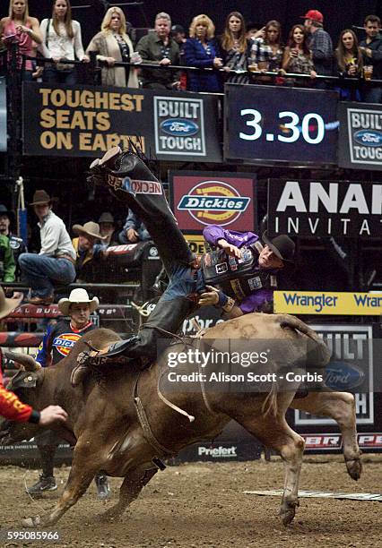 Ryan McConnel gets bucked off his bull, Pit Boss, in Round 2. McConnel was bucked off in 4.72 seconds.