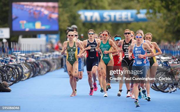 Triathlon - Run Stage - Helen Jenkins and Emma Moffatt through the transition area, Elite Women ITU World Championship Dextro Energy Triathlon...