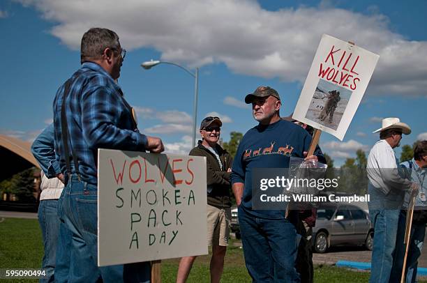 Anti wolf protest at Bogert Park, Bozeman, Montana. Hunters and ranchers were protesting against the number of wolves in Montana and Idaho. They say...