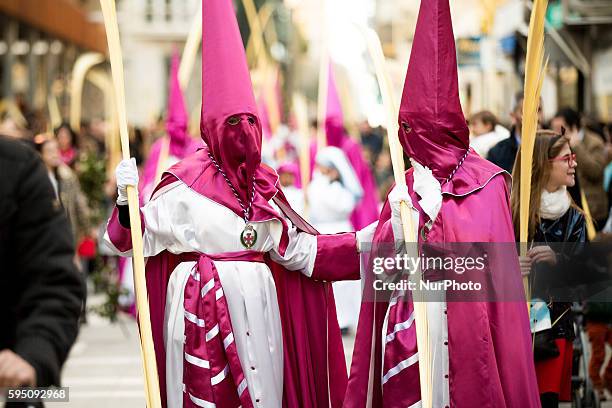 Penitents take part in Palm Sunday procession, that commemorates the triumphal entry of Jesus into Jerusalem, riding on a donkey, in Zamora, Spain,...