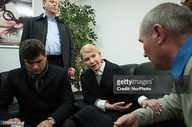 Yulia Tymoshenko went in the airport of Donetsk where she made a press conference about the situation in Ukraine, on April 7, 2014.