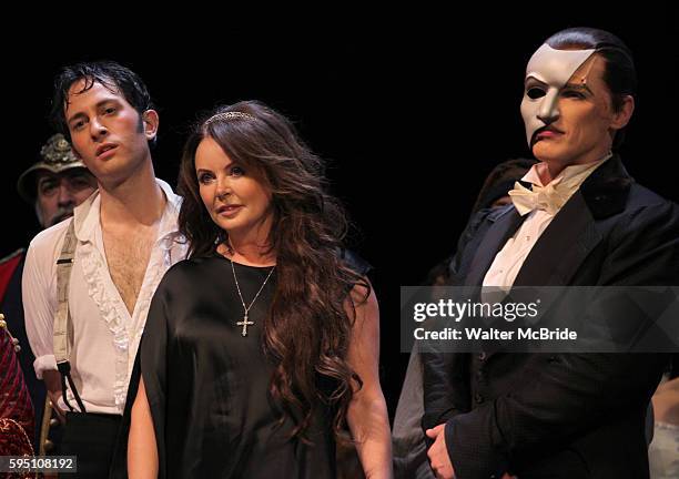 Kyle Barisich, Sarah Brightman & Hugh Panaro during the 'Phantom of the Opera' - 25 Years on Broadway Gala Performance Curtain Call Celebration at...