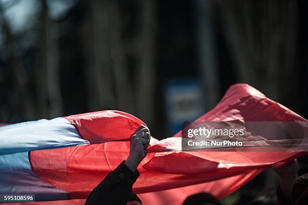 Pro russian demonstration headed toward a memorial site to deposit roses in Donetsk, Ukraine, on March 30, 2014 in the mean time, a group of...