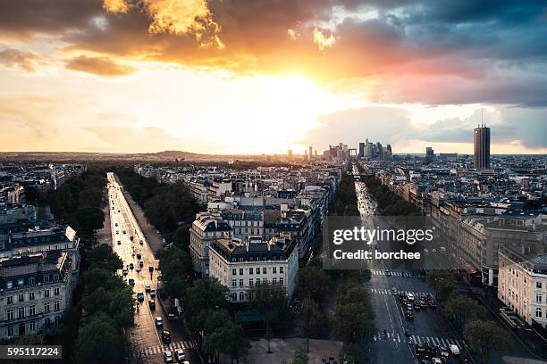 sunset at la defense in paris - arc de triomphe overview stock pictures, royalty-free photos & images