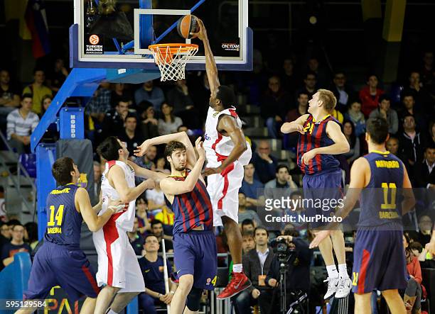 Ante Tomic and Bryant Dunston in the match between FC Barcelona and Olympiacos, for the week 10 of the Top 16 Euroleague basketball match at the...