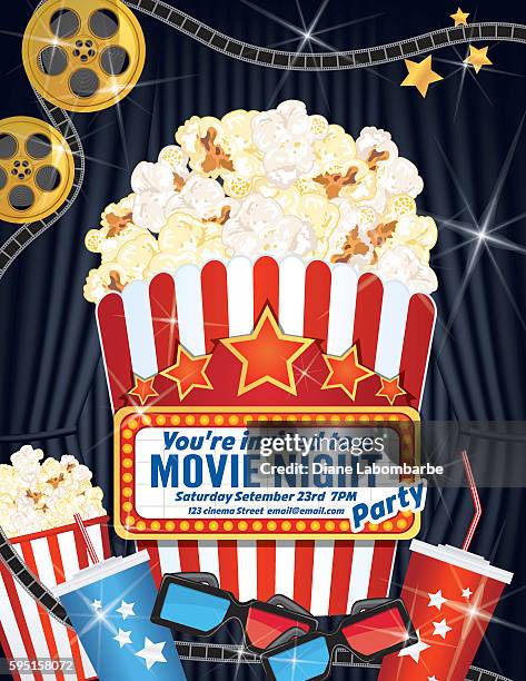 movie night party invitation template with curtain and film - theatre banner commercial sign stock illustrations