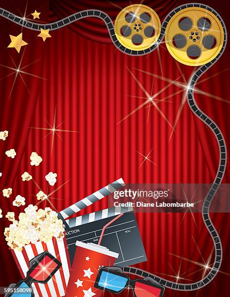 stockillustraties, clipart, cartoons en iconen met movie night background black curtain and film - popcorn