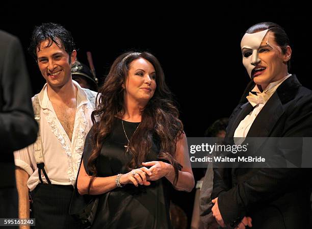 Kyle Barisich, Sarah Brightman & Hugh Panaro during the 'Phantom of the Opera' - 25 Years on Broadway Gala Performance Curtain Call Celebration at...