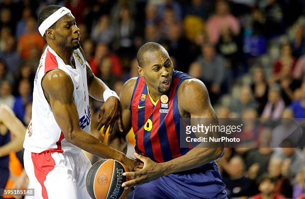 Brent Petway and Joey Dorsey in the match between FC Barcelona and Olympiacos, for the week 10 of the Top 16 Euroleague basketball match at the Palau...