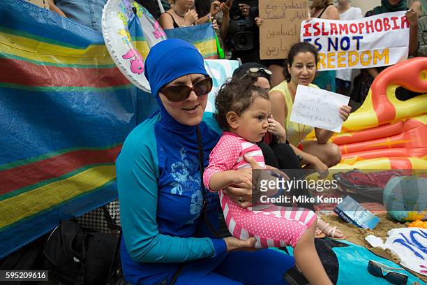 'Wear what you want' protest at the French embassy against the burkini ban for Muslim women on Frances beaches on 25th August 2016 in London, United...