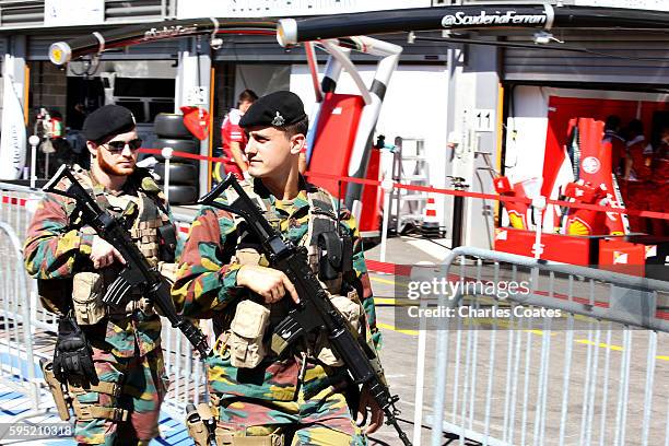 The army walk in the Pitlane during previews ahead of the Formula One Grand Prix of Belgium at Circuit de Spa-Francorchamps on August 25, 2016 in...