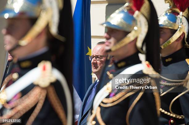 French president Francois Hollande ahead of a meeting with European Social Democrats on August 25, 2016 in la Celle Saint Cloud.