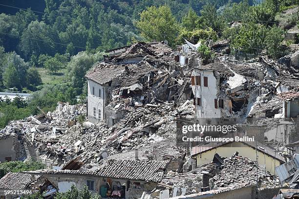 Rubble surrounds damaged buildings on August 25, 2016 in Pescara del Tronto, Italy. The death toll in the 6.2 magnitude earthquake that struck around...