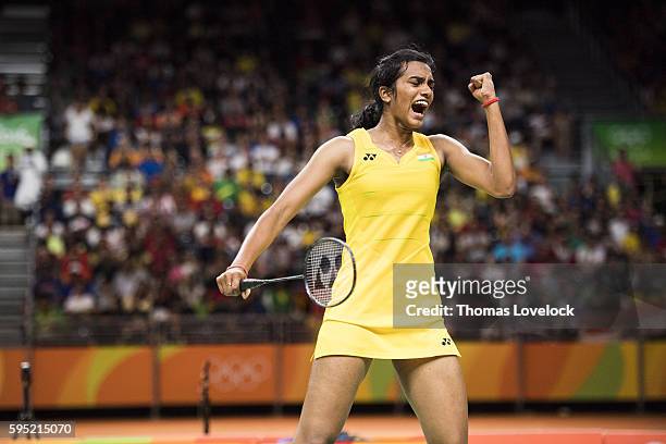 Summer Olympics: India P.V. Sindhu victorious, in action vs Spain during Women's Singles Final - Gold Medal Match at Riocentro Paviliion 4. Sindhu...