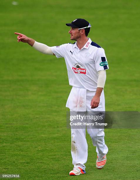 Will Smith of Hampshire gives orders during day three of the Specsavers County Championship Division One match between Somerset and Hampshire at the...