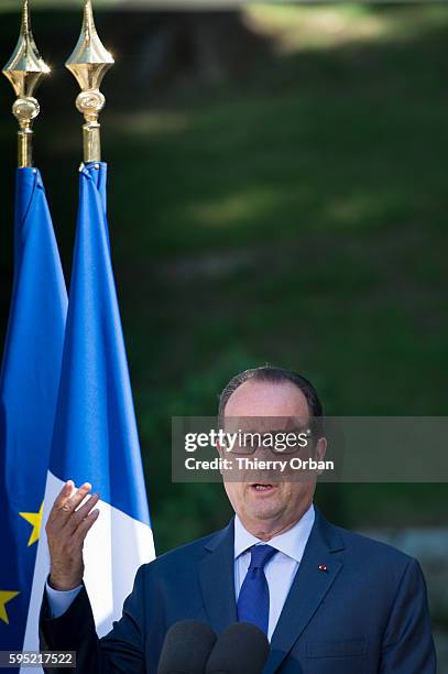 French President Francois Hollande, speaks to the media during a press conference following a meeting with European Social Democrats on August 25,...