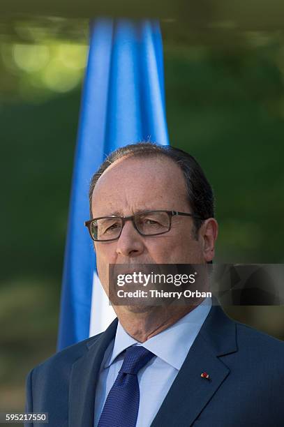 French President Francois Hollande, speaks to the media during a press conference following a meeting with European Social Democrats on August 25,...