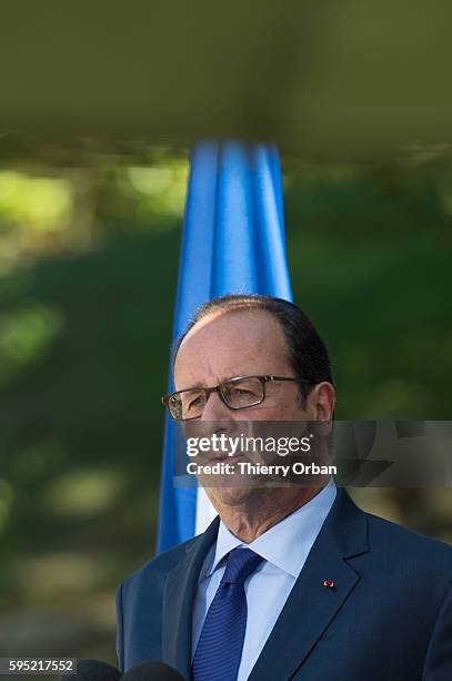 French President Francois Hollande, speaks to the media during a press conference following a meeting with European Social Democrats on August 25,...